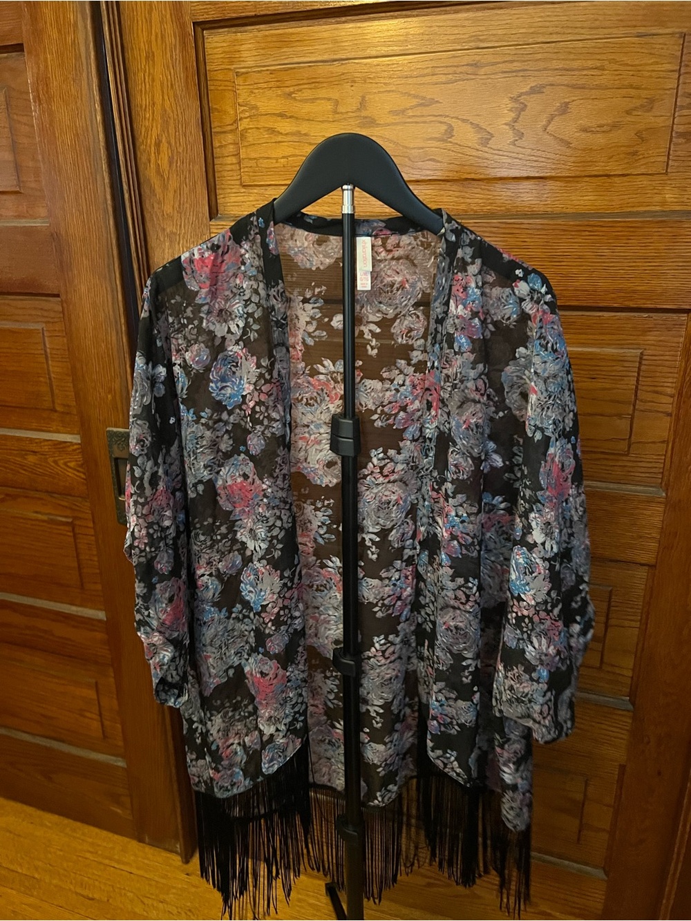 Xhilaration Black Floral Fringe Kimono with Pink & Blue Blooms
